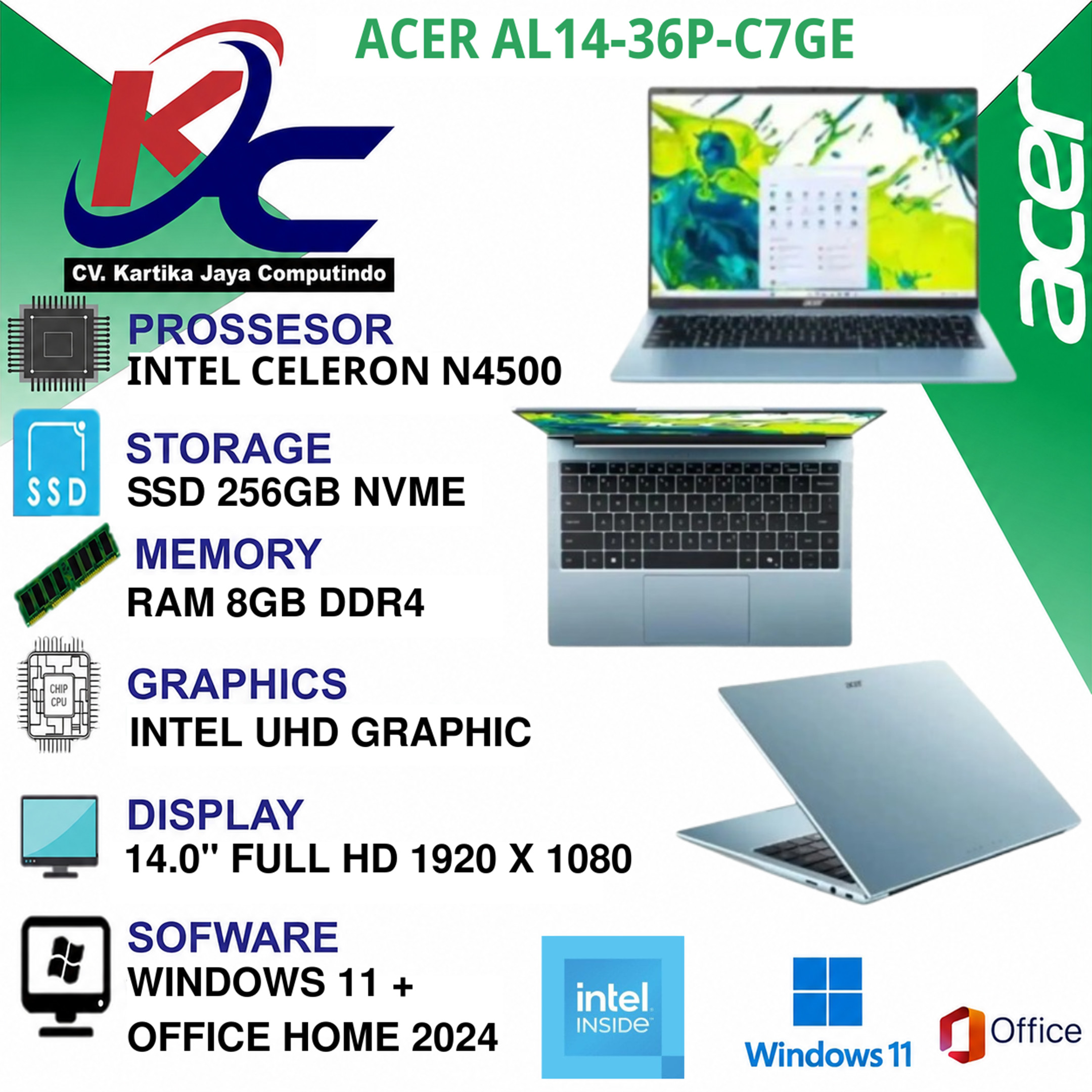 ACER AL14-36P-C7GE  N4500/ 8GB/ SSD256/ W11 OHS FRESH BLUE